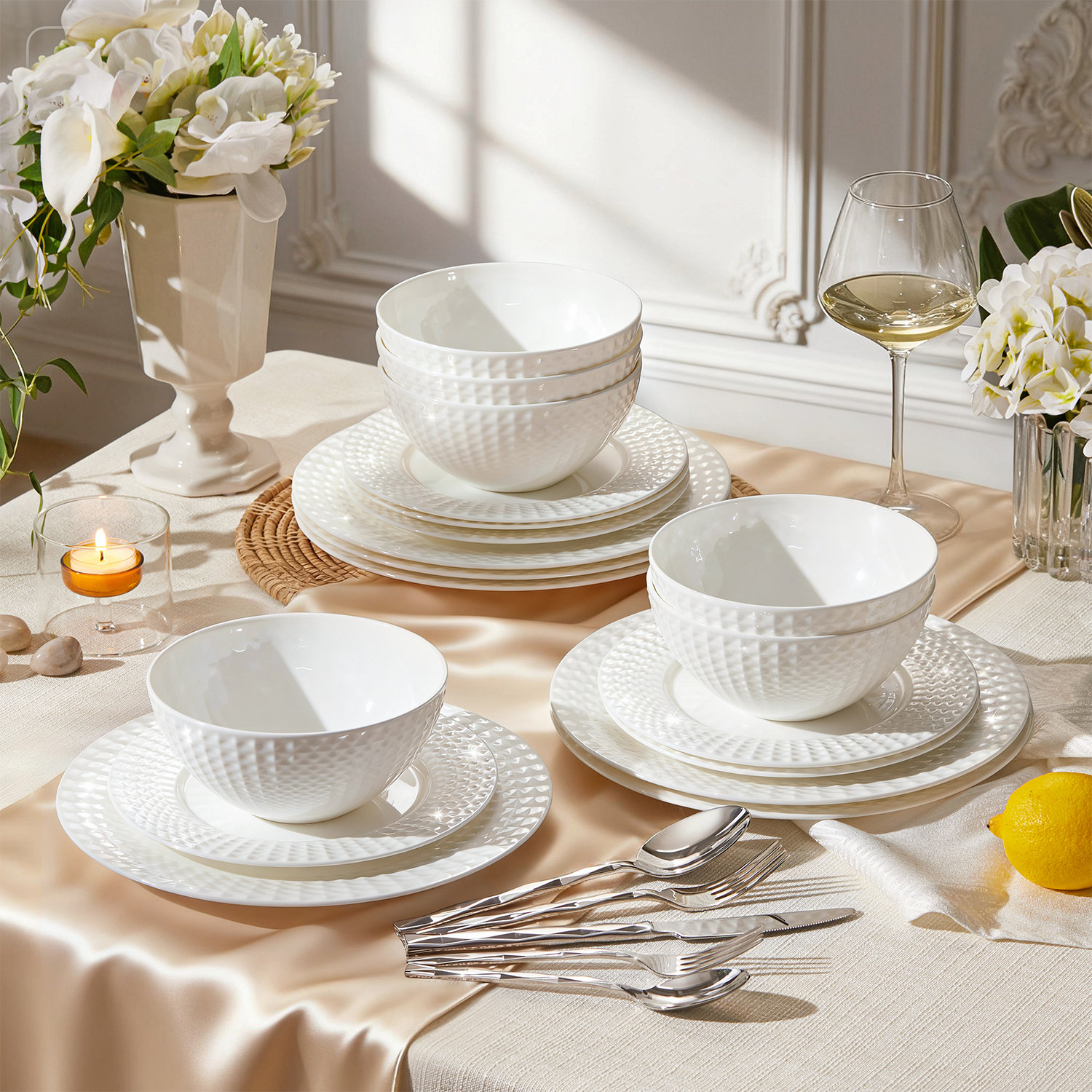 KINGSTONE 12-piece White Bone China 3d Embossed Dinnerware Set